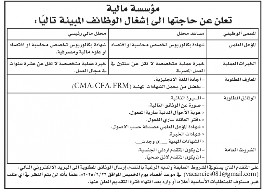 مؤسسة مالية تطلب تعيين مساعد محلل ومحلل مالي رئيسي