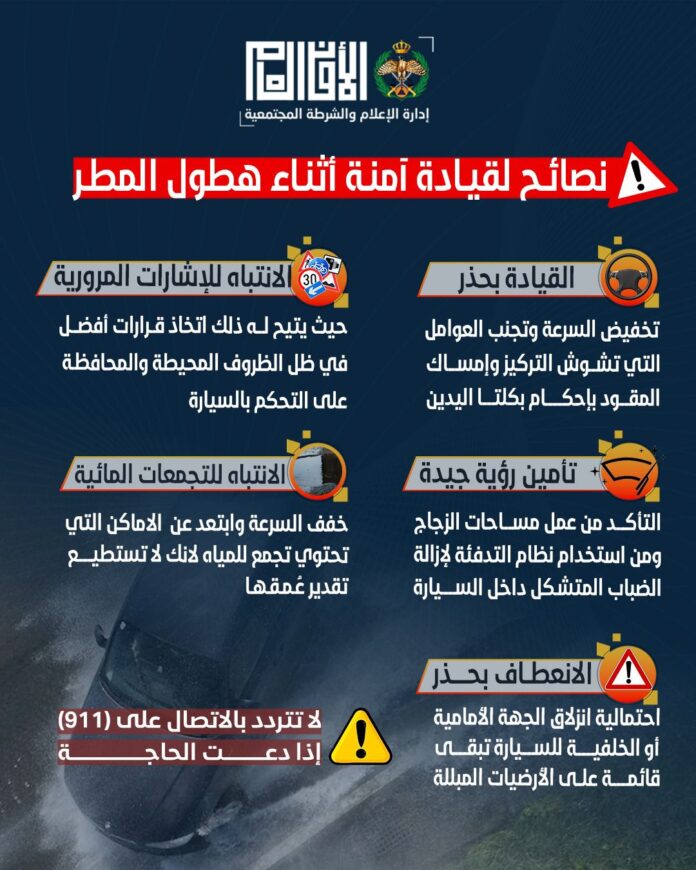 الأمن العام يقدّم نصائح للقيادة الآمنة مع اشتداد المنخفض الجوي